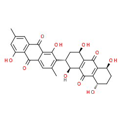 ChemSpider 2D Image | (1S,2S,4R,5S,8S)-1,1',4,5,5',8-Hexahydroxy-3',7'-dimethyl-1,2,3,4,5,6,7,8-octahydro-2,2'-bianthracene-9,9',10,10'-tetrone | C30H26O10