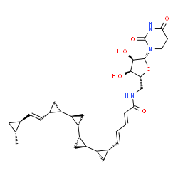 ChemSpider 2D Image | 5'-Deoxy-5'-({(2E,4E)-5-[(1S,1'S,1''S,1'''S,2S,2'S,2''S,2'''S)-2'''-{(E)-2-[(1R,2R)-2-methylcyclopropyl]vinyl}-1,1':2',1'':2'',1'''-quater(cyclopropan)-2-yl]-2,4-pentadienoyl}amino)-5,6-dihydrouridine | C32H43N3O6