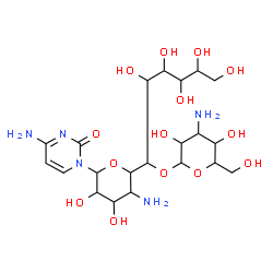 ChemSpider 2D Image | 2(1H)-Pyrimidinone, 4-amino-1-[4-amino-6-O-(3-amino-3-deoxyhexopyranosyl)-4-deoxyundecopyranosyl]- | C21H37N5O14