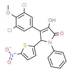 ChemSpider 2D Image | 4-(3,5-Dichloro-4-methoxyphenyl)-3-hydroxy-5-(5-nitro-2-thienyl)-1-phenyl-1,5-dihydro-2H-pyrrol-2-one | C21H14Cl2N2O5S