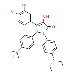 ChemSpider 2D Image | 4-(3,4-Dichlorophenyl)-1-[4-(diethylamino)phenyl]-3-hydroxy-5-[4-(2-methyl-2-propanyl)phenyl]-1,5-dihydro-2H-pyrrol-2-one | C30H32Cl2N2O2
