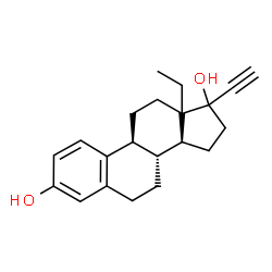 ChemSpider 2D Image | (8R,9S,14S)-13-Ethyl-17-ethynyl-7,8,9,11,12,13,14,15,16,17-decahydro-6H-cyclopenta[a]phenanthrene-3,17-diol | C21H26O2