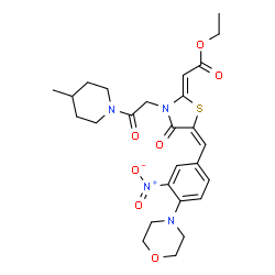 ChemSpider 2D Image | Ethyl (2Z)-{(5E)-3-[2-(4-methyl-1-piperidinyl)-2-oxoethyl]-5-[4-(4-morpholinyl)-3-nitrobenzylidene]-4-oxo-1,3-thiazolidin-2-ylidene}acetate | C26H32N4O7S