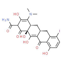 ChemSpider 2D Image | (4aS,5aR,12aS)-4-(Dimethylamino)-3,10,12,12a-tetrahydroxy-7-iodo-1,11-dioxo-1,2,4a,5,5a,6,11,12a-octahydro-2-tetracenecarboxamide | C21H21IN2O7
