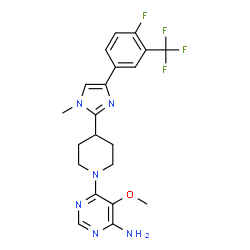ChemSpider 2D Image | 6-(4-{4-[4-Fluoro-3-(trifluoromethyl)phenyl]-1-methyl-1H-imidazol-2-yl}-1-piperidinyl)-5-methoxy-4-pyrimidinamine | C21H22F4N6O