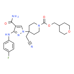 ChemSpider 2D Image | Tetrahydro-2H-pyran-4-ylmethyl 4-{4-carbamoyl-3-[(4-fluorophenyl)amino]-1H-pyrazol-1-yl}-4-(cyanomethyl)-1-piperidinecarboxylate | C24H29FN6O4