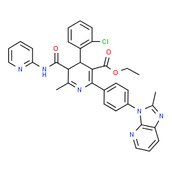 ChemSpider 2D Image | Ethyl 4-(2-chlorophenyl)-6-methyl-2-[4-(2-methyl-3H-imidazo[4,5-b]pyridin-3-yl)phenyl]-5-(2-pyridinylcarbamoyl)-4,5-dihydro-3-pyridinecarboxylate | C34H29ClN6O3