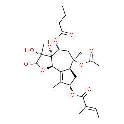 ChemSpider 2D Image | (3R,3aR,4R,6R,6aS,8S,9bR)-6-Acetoxy-4-(butyryloxy)-3,3a-dihydroxy-3,6,9-trimethyl-2-oxo-2,3,3a,4,5,6,6a,7,8,9b-decahydroazuleno[4,5-b]furan-8-yl (2E)-2-methyl-2-butenoate | C26H36O10