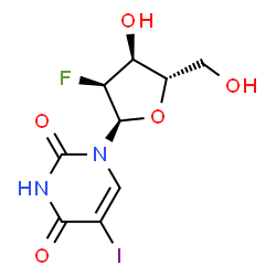 ChemSpider 2D Image | 1-(2-Deoxy-2-fluoro-alpha-L-ribofuranosyl)-5-iodo-2,4(1H,3H)-pyrimidinedione | C9H10FIN2O5