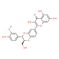 ChemSpider 2D Image | 3,5,7-Trihydroxy-2-[(2S,3S)-3-(4-hydroxy-3-methoxyphenyl)-2-(hydroxymethyl)-2,3-dihydro-1,4-benzodioxin-6-yl]-4H-chromen-4-one | C25H20O10