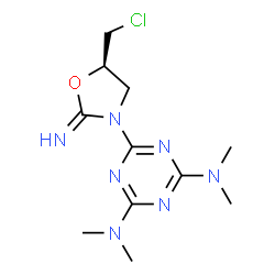ChemSpider 2D Image | 6-[(5R)-5-(Chloromethyl)-2-imino-1,3-oxazolidin-3-yl]-N,N,N',N'-tetramethyl-1,3,5-triazine-2,4-diamine | C11H18ClN7O
