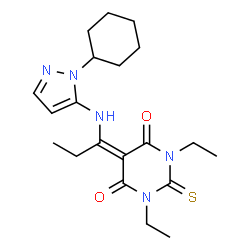 ChemSpider 2D Image | 5-{1-[(1-Cyclohexyl-1H-pyrazol-5-yl)amino]propylidene}-1,3-diethyl-2-thioxodihydro-4,6(1H,5H)-pyrimidinedione | C20H29N5O2S