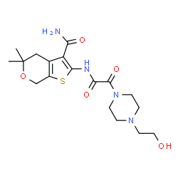 ChemSpider 2D Image | 2-({[4-(2-Hydroxyethyl)-1-piperazinyl](oxo)acetyl}amino)-5,5-dimethyl-4,7-dihydro-5H-thieno[2,3-c]pyran-3-carboxamide | C18H26N4O5S