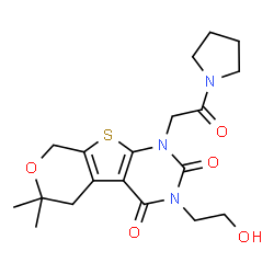 ChemSpider 2D Image | 3-(2-Hydroxyethyl)-6,6-dimethyl-1-[2-oxo-2-(1-pyrrolidinyl)ethyl]-1,5,6,8-tetrahydro-2H-pyrano[4',3':4,5]thieno[2,3-d]pyrimidine-2,4(3H)-dione | C19H25N3O5S