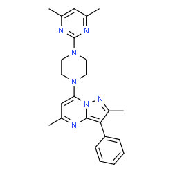 ChemSpider 2D Image | 7-[4-(4,6-Dimethyl-2-pyrimidinyl)-1-piperazinyl]-2,5-dimethyl-3-phenylpyrazolo[1,5-a]pyrimidine | C24H27N7