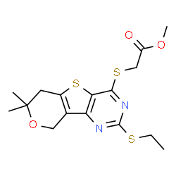 ChemSpider 2D Image | Methyl {[2-(ethylsulfanyl)-7,7-dimethyl-6,9-dihydro-7H-pyrano[3',4':4,5]thieno[3,2-d]pyrimidin-4-yl]sulfanyl}acetate | C16H20N2O3S3