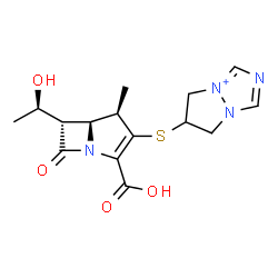 ChemSpider 2D Image | 6-({(4R,5S,6S)-2-Carboxy-6-[(1R)-1-hydroxyethyl]-4-methyl-7-oxo-1-azabicyclo[3.2.0]hept-2-en-3-yl}sulfanyl)-6,7-dihydro-5H-pyrazolo[1,2-a][1,2,4]triazol-4-ium | C15H19N4O4S