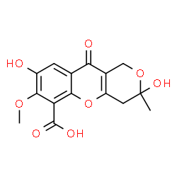 ChemSpider 2D Image | 3,8-Dihydroxy-7-methoxy-3-methyl-10-oxo-4,10-dihydro-1H,3H-pyrano[4,3-b]chromene-6-carboxylic acid | C15H14O8