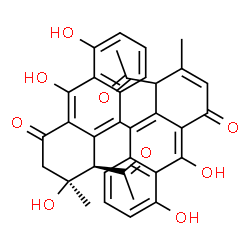 ChemSpider 2D Image | (1R,2S)-1,1'-Diacetyl-2,5,5',10,10'-pentahydroxy-2,2'-dimethyl-2,3-dihydro-9,9'-bianthracene-4,4'(1H,1'H)-dione | C34H28O9