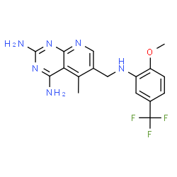 ChemSpider 2D Image | 6-({[2-Methoxy-5-(trifluoromethyl)phenyl]amino}methyl)-5-methylpyrido[2,3-d]pyrimidine-2,4-diamine | C17H17F3N6O