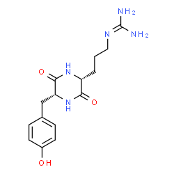 ChemSpider 2D Image | 2-{3-[(2R,5R)-5-(4-Hydroxybenzyl)-3,6-dioxo-2-piperazinyl]propyl}guanidine | C15H21N5O3