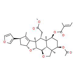 ChemSpider 2D Image | (2aR,3R,5S,5aR,6R,6aR,8R,9aR,10aR,10bR,10cR)-3-Acetoxy-8-(3-furyl)-6-(2-methoxy-2-oxoethyl)-2a,5a,6a,7-tetramethyl-2a,4,5,5a,6,6a,8,9,9a,10a,10b,10c-dodecahydro-2H,3H-cyclopenta[b]furo[2',3',4':4,5]na
phtho[2,3-d]furan-5-yl (2E)-2-methyl-2-butenoate | C34H44O9