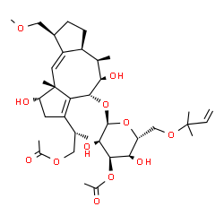 ChemSpider 2D Image | (2S)-2-[(1S,4R,5R,6R,6aS,9S,9aE,10aR)-4-{[3-O-Acetyl-6-O-(2-methyl-3-buten-2-yl)-alpha-D-allopyranosyl]oxy}-1,5-dihydroxy-9-(methoxymethyl)-6,10a-dimethyl-1,2,4,5,6,6a,7,8,9,10a-decahydrodicyclopenta[
a,d][8]annulen-3-yl]propyl acetate | C36H56O12