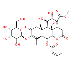 ChemSpider 2D Image | Methyl (6alpha,11beta,12alpha,13xi)-3-(beta-D-allopyranosyloxy)-11,12-dihydroxy-6-[(3-methyl-2-butenoyl)oxy]-2,16-dioxo-13,20-epoxypicras-3-en-21-oate | C32H42O16