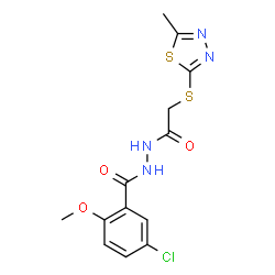 ChemSpider 2D Image | 5-Chloro-2-methoxy-N'-{[(5-methyl-1,3,4-thiadiazol-2-yl)sulfanyl]acetyl}benzohydrazide | C13H13ClN4O3S2