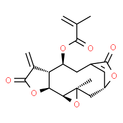 ChemSpider 2D Image | (1R,3R,5S,6S,10R,11S)-3-Methyl-9-methylene-8,14-dioxo-4,7,15-trioxatetracyclo[11.2.1.0~3,5~.0~6,10~]hexadec-13(16)-en-11-yl methacrylate | C19H20O7