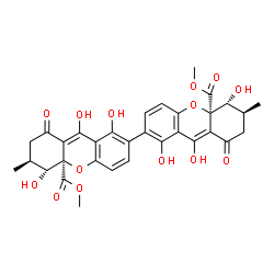ChemSpider 2D Image | Dimethyl (5R,5'R,6S,6'S,10aR,10a'R)-1,1',5,5',9,9'-hexahydroxy-6,6'-dimethyl-8,8'-dioxo-5,5',6,6',7,7',8,8'-octahydro-10aH,10a'H-2,2'-bixanthene-10a,10a'-dicarboxylate | C32H30O14