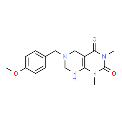 ChemSpider 2D Image | 6-(4-Methoxy-benzyl)-1,3-dimethyl-5,6,7,8-tetrahydro-1H-pyrimido[4,5-d]pyrimidine-2,4-dione | C16H20N4O3