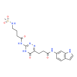 ChemSpider 2D Image | N-{6-[3-(1H-Indol-6-ylamino)-3-oxopropyl]-5-oxo-4,5-dihydro-1,2,4-triazin-3-yl}-4-[(methylsulfonyl)amino]butanamide | C19H23N7O5S