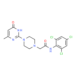 ChemSpider 2D Image | 2-[4-(4-Methyl-6-oxo-1,6-dihydro-2-pyrimidinyl)-1-piperazinyl]-N-(2,4,6-trichlorophenyl)acetamide | C17H18Cl3N5O2