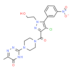 ChemSpider 2D Image | 3-(4-{[4-Chloro-1-(2-hydroxyethyl)-5-(3-nitrophenyl)-1H-pyrazol-3-yl]carbonyl}-1-piperazinyl)-6-methyl-1,2,4-triazin-5(4H)-one | C20H21ClN8O5