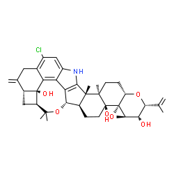 ChemSpider 2D Image | (2R,3S,3aR,4aR,4bS,6aR,7S,7dR,8S,9aR,14bS,14cR,16aS)-12-Chloro-2-isopropenyl-14b,14c,17,17-tetramethyl-10-methylene-3,3a,6,6a,7,8,9,9a,10,11,14,14b,14c,15,16,16a-hexadecahydro-2H,4bH-7,8-(epoxymethano
)cyclobuta[5,6]benzo[1,2-e]oxireno[4',4a']chromeno[5',6':6,7]indeno[1,2-b]indole-3,4b,7d(5H)-triol | C37H44ClNO6
