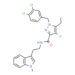 ChemSpider 2D Image | 4-Chloro-1-(3,4-dichlorobenzyl)-5-ethyl-N-[2-(1-methyl-1H-indol-3-yl)ethyl]-1H-pyrazole-3-carboxamide | C24H23Cl3N4O