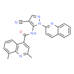 ChemSpider 2D Image | N-[4-Cyano-1-(2-quinolinyl)-1H-pyrazol-5-yl]-2,8-dimethyl-4-quinolinecarboxamide | C25H18N6O