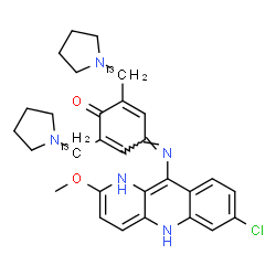 ChemSpider 2D Image | 4-[(7-Chloro-2-methoxy-1,5-dihydrobenzo[b][1,5]naphthyridin-10-yl)imino]-2,6-bis[1-pyrrolidinyl(~13~C)methyl]-2,5-cyclohexadien-1-one | C2713C2H32ClN5O2