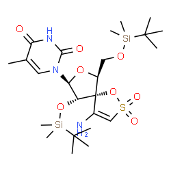 ChemSpider 2D Image | 1-[(5S,6S,8S,9S)-4-Amino-9-{[dimethyl(2-methyl-2-propanyl)silyl]oxy}-6-({[dimethyl(2-methyl-2-propanyl)silyl]oxy}methyl)-2,2-dioxido-1,7-dioxa-2-thiaspiro[4.4]non-3-en-8-yl]-5-methyl-2,4(1H,3H)-pyrimi
dinedione | C24H43N3O8SSi2