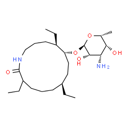 ChemSpider 2D Image | (5R,6R,9S)-5,9,13-Triethyl-14-oxoazacyclotetradecan-6-yl 3-amino-3,6-dideoxy-alpha-D-talopyranoside | C25H48N2O5
