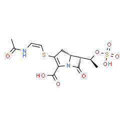 ChemSpider 2D Image | (5R,6R)-3-{[(Z)-2-Acetamidovinyl]sulfanyl}-7-oxo-6-[(1S)-1-(sulfooxy)ethyl]-1-azabicyclo[3.2.0]hept-2-ene-2-carboxylic acid | C13H16N2O8S2
