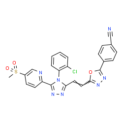 ChemSpider 2D Image | 4-{5-[(E)-2-{4-(2-Chlorophenyl)-5-[5-(methylsulfonyl)-2-pyridinyl]-4H-1,2,4-triazol-3-yl}vinyl]-1,3,4-oxadiazol-2-yl}benzonitrile | C25H16ClN7O3S