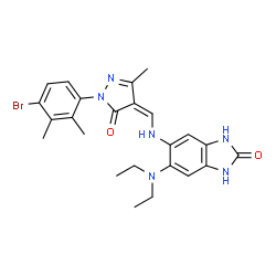 ChemSpider 2D Image | 5-({(Z)-[1-(4-Bromo-2,3-dimethylphenyl)-3-methyl-5-oxo-1,5-dihydro-4H-pyrazol-4-ylidene]methyl}amino)-6-(diethylamino)-1,3-dihydro-2H-benzimidazol-2-one | C24H27BrN6O2