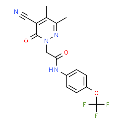 ChemSpider 2D Image | 2-(5-Cyano-3,4-dimethyl-6-oxo-1(6H)-pyridazinyl)-N-[4-(trifluoromethoxy)phenyl]acetamide | C16H13F3N4O3