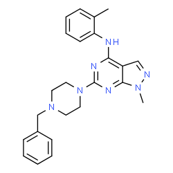 ChemSpider 2D Image | 6-(4-benzylpiperazin-1-yl)-1-methyl-N-(2-methylphenyl)pyrazolo[3,4-d]pyrimidin-4-amine | C24H27N7