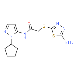 ChemSpider 2D Image | 2-[(5-Amino-1,3,4-thiadiazol-2-yl)sulfanyl]-N-(1-cyclopentyl-1H-pyrazol-5-yl)acetamide | C12H16N6OS2