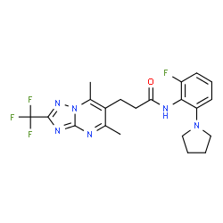 ChemSpider 2D Image | 3-[5,7-Dimethyl-2-(trifluoromethyl)[1,2,4]triazolo[1,5-a]pyrimidin-6-yl]-N-[2-fluoro-6-(1-pyrrolidinyl)phenyl]propanamide | C21H22F4N6O