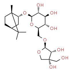 ChemSpider 2D Image | (1S,2R,4S)-1,7,7-Trimethylbicyclo[2.2.1]hept-2-yl 6-O-[(2R,3R,4R)-3,4-dihydroxy-4-(hydroxymethyl)tetrahydro-2-furanyl]-beta-D-glucopyranoside | C21H36O10