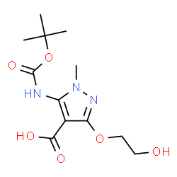 ChemSpider 2D Image | 3-(2-Hydroxyethoxy)-1-methyl-5-({[(2-methyl-2-propanyl)oxy]carbonyl}amino)-1H-pyrazole-4-carboxylic acid | C12H19N3O6